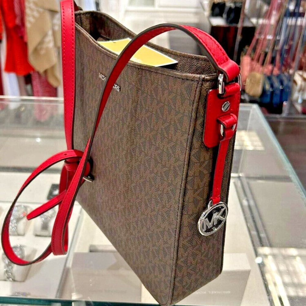 "Michael Kors Signature Stripe: Bold Red & Brown Messenger Crossbody"